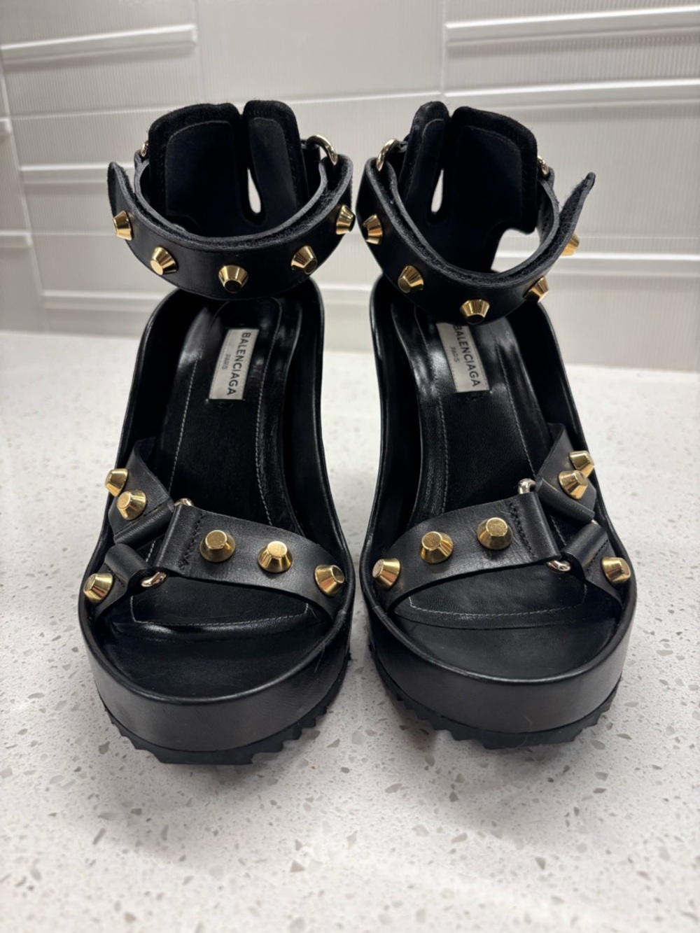 Balenciaga Black Leather Gold-Stud Platform Sandals - Picture 2 of 10